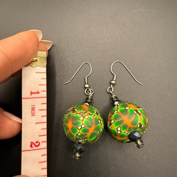 Handcrafted Green and Orange Clay Dangle Earrings Unique Bohemian - Picture 3 of 3